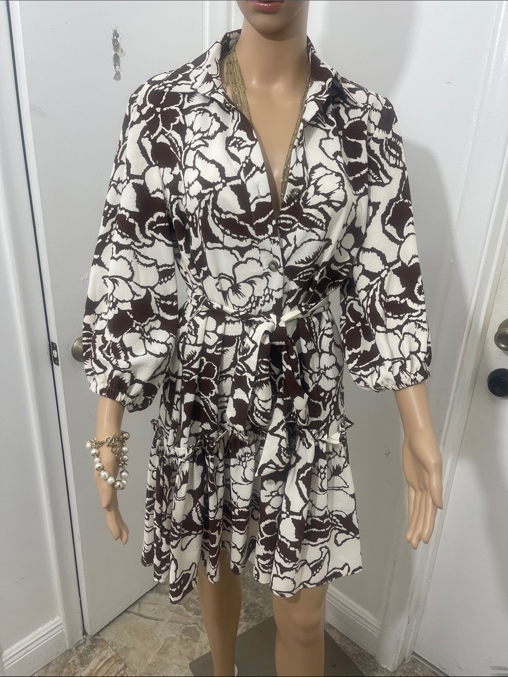 Tahari White and Brown Floral Shirt Dress with Tie Waist